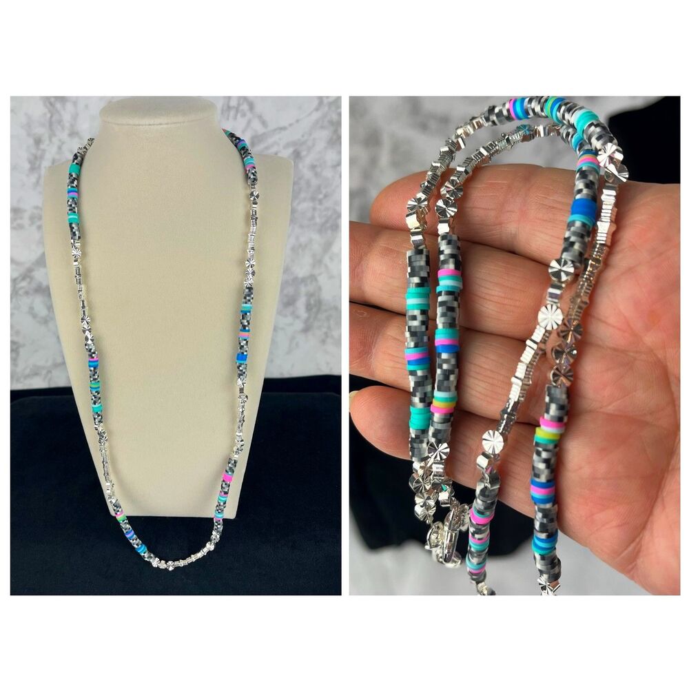 Beaded Polymer Clay heishi disc Necklace Beach Boho chic Versatile 12in